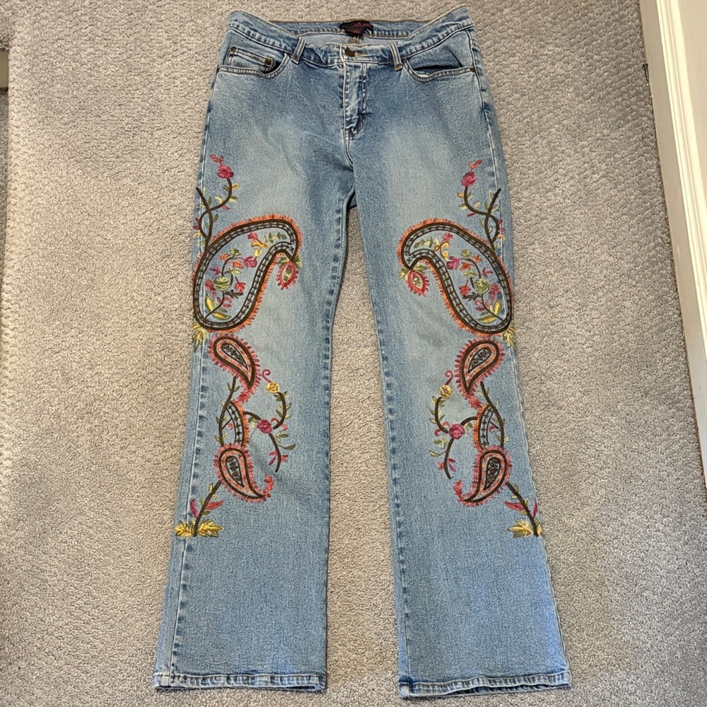 Willi Smith Light Blue Jeans Embellished Paisley Embroidery 10